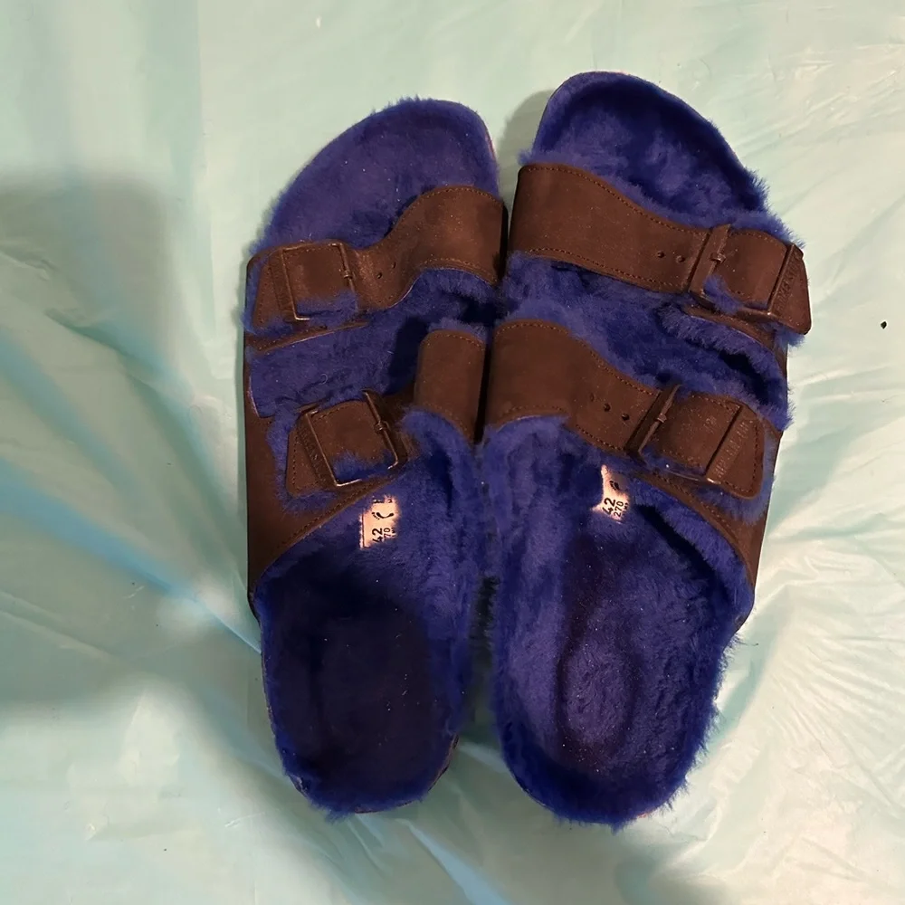 Birkenstock Arizona Shearling Blue and Brown Sandals with Double Straps - Picture 6 of 7